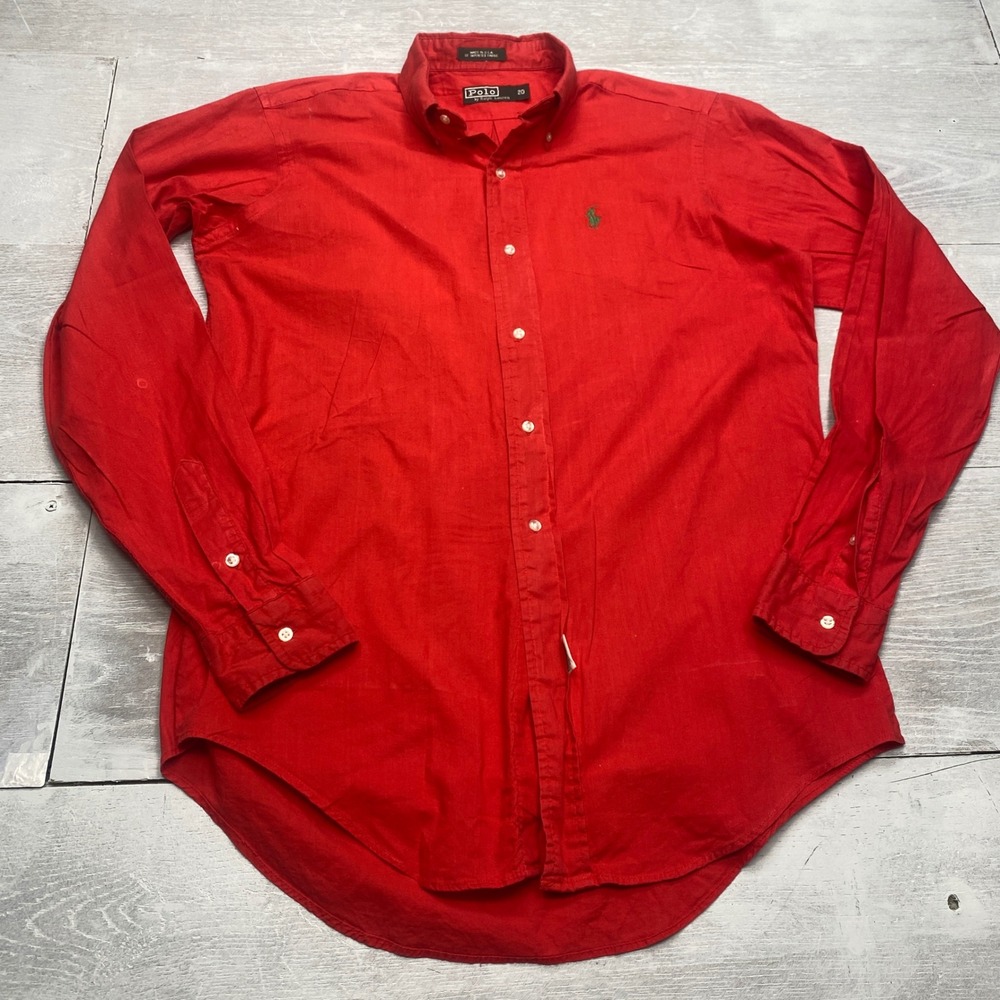 Polo Ralph Lauren Button Down Shirt Boys 20 Red Cotton Long Sleeve Made USA VTG